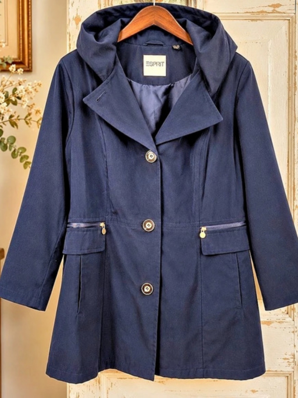 Esprit Navy Hooded Trench Coat 2X Plus Size Fully Lined Zip Pockets